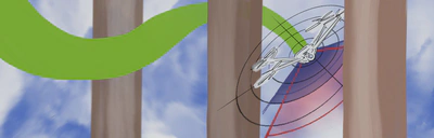 An Unmanned aerial vehicle (UAV) flying autonomously in a cluttered environment would require the agility to navigate rapidly by detecting as fast as possible potential obstacles, as represented here by the collision zone, given a cruising speed, associated to slow or fast latencies (respectively red and blue shaded areas). This project will provide with a novel neuromorphic architecture designed to meet these requirements thanks to an event-based, two-way processing.