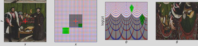 *Rétinotopie.* L’image du tableau “Les Ambassadeurs” de Hans Holbein le Jeune peut être représentée sur une grille régulière représentée par des lignes verticales (rouges) et horizontales (bleues). La rétinotopie transforme radicalement cette grille, et en particulier la zone représentant la fovéa (en gris) occupe environ la moitié de l’espace dans l’espace rétinien. Appliquée à l’image originale du portrait, l’image est fortement déformée et représente plus finalement les parties situées sous l’axe de vision (ici la main).